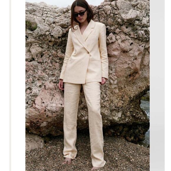 Anine Bing Kaia Linen Blazer In Light Yellow Double Breasted Jacket Size Small - Picture 3 of 13